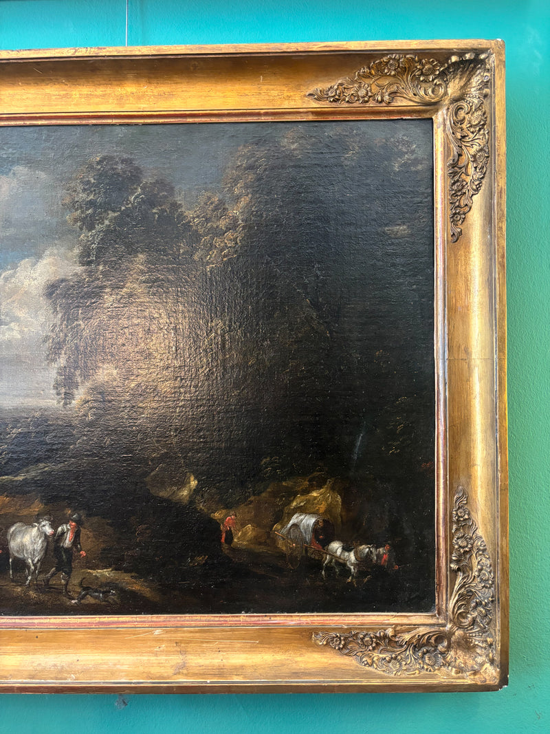 Dipinto Fiammingo Olio su Tela di Paesaggio con Figure del XVIII Secolo