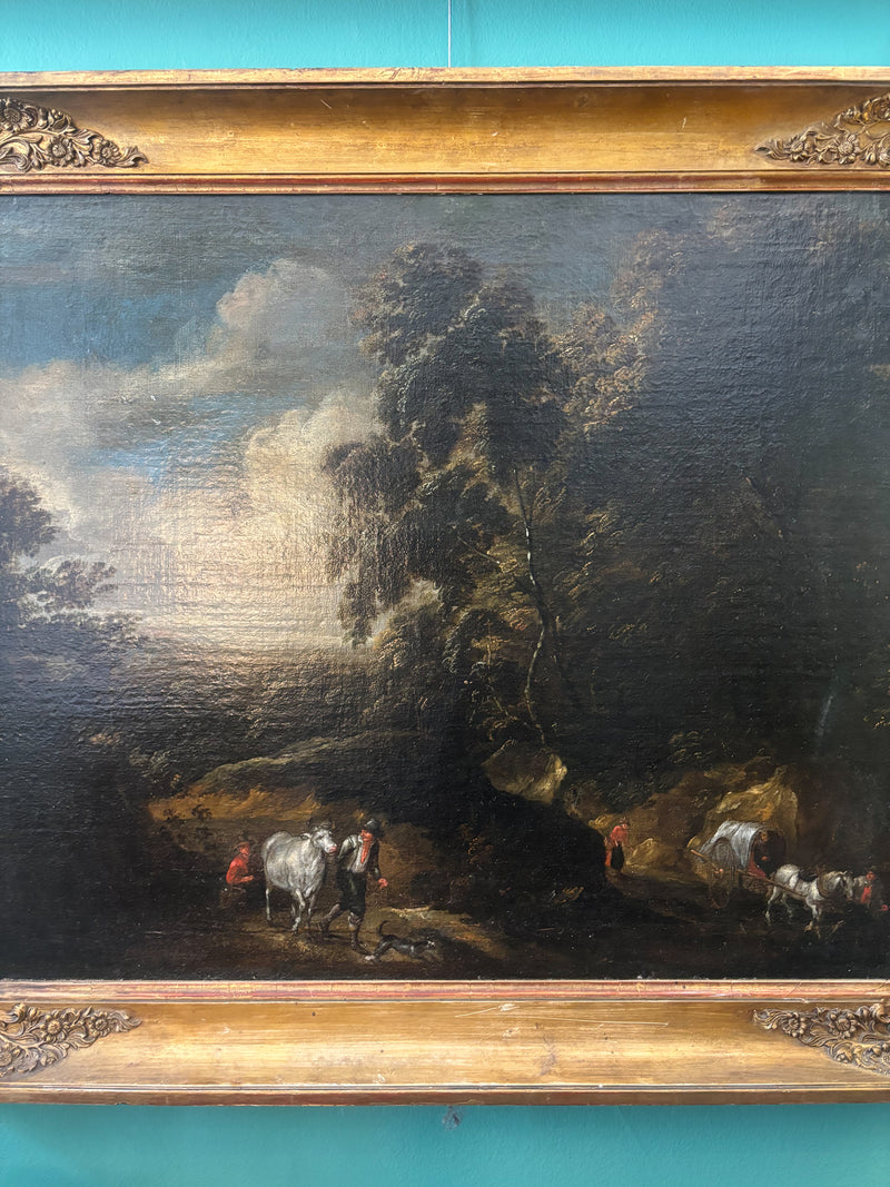 Dipinto Fiammingo Olio su Tela di Paesaggio con Figure del XVIII Secolo