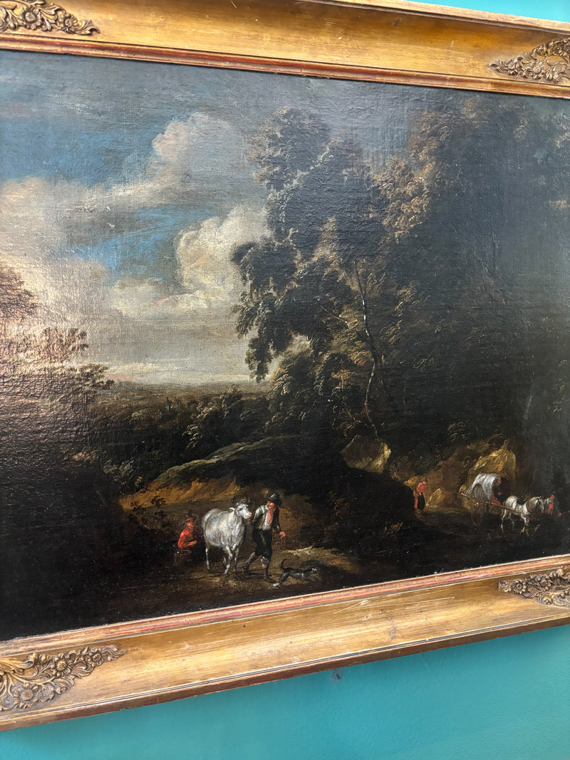 Dipinto Fiammingo Olio su Tela di Paesaggio con Figure del XVIII Secolo