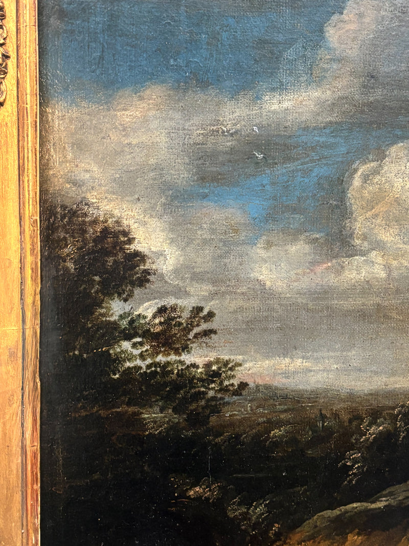 Dipinto Fiammingo Olio su Tela di Paesaggio con Figure del XVIII Secolo