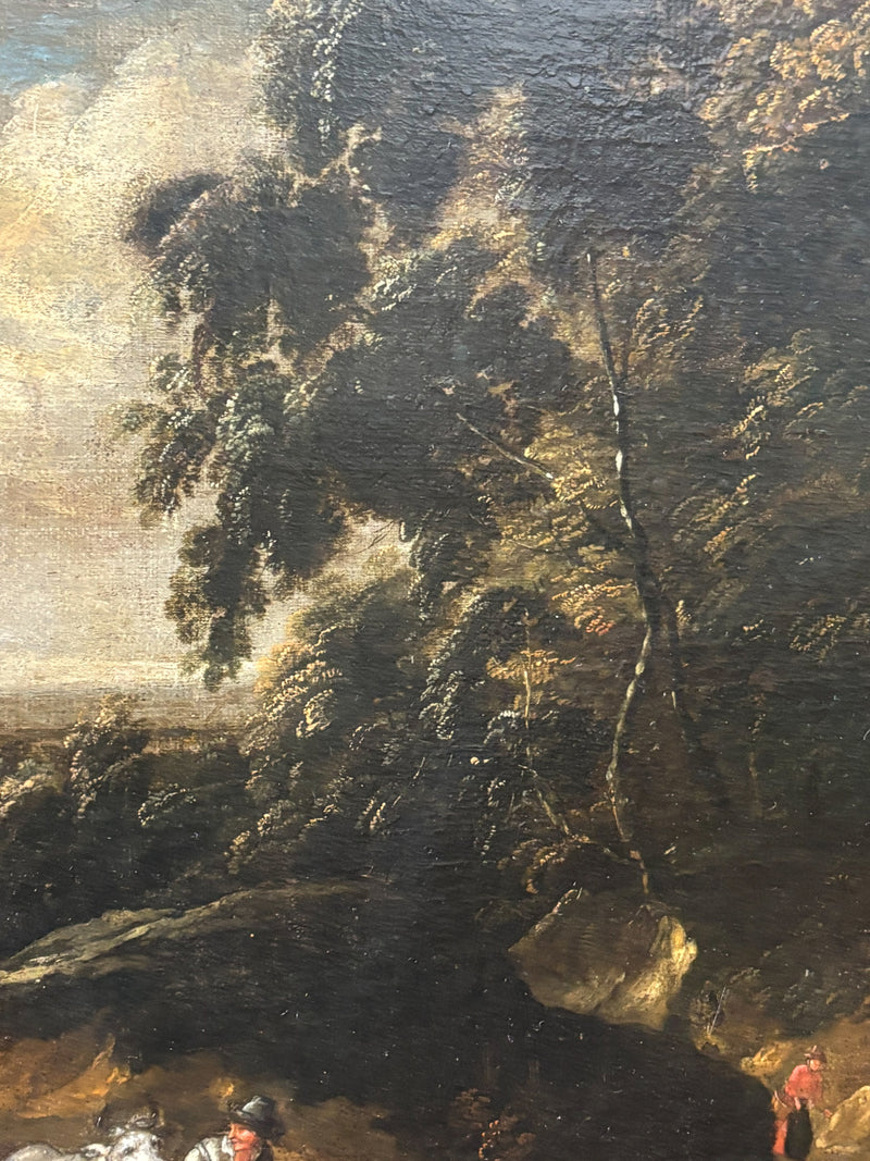 Dipinto Fiammingo Olio su Tela di Paesaggio con Figure del XVIII Secolo