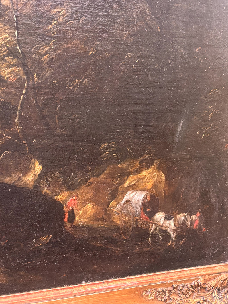 Dipinto Fiammingo Olio su Tela di Paesaggio con Figure del XVIII Secolo