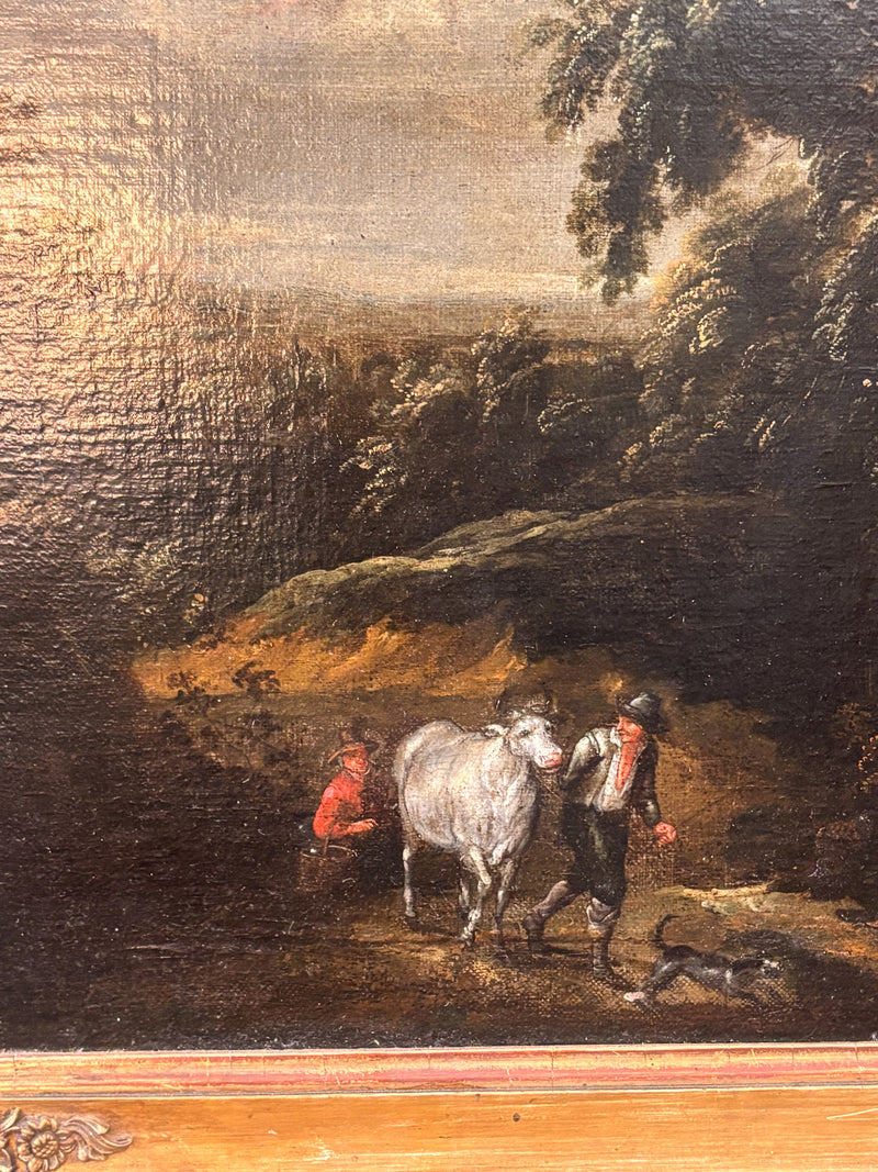 Dipinto Fiammingo Olio su Tela di Paesaggio con Figure del XVIII Secolo