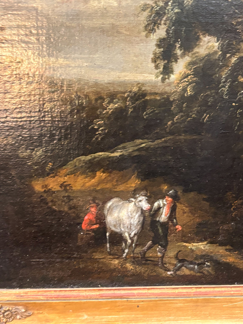 Dipinto Fiammingo Olio su Tela di Paesaggio con Figure del XVIII Secolo