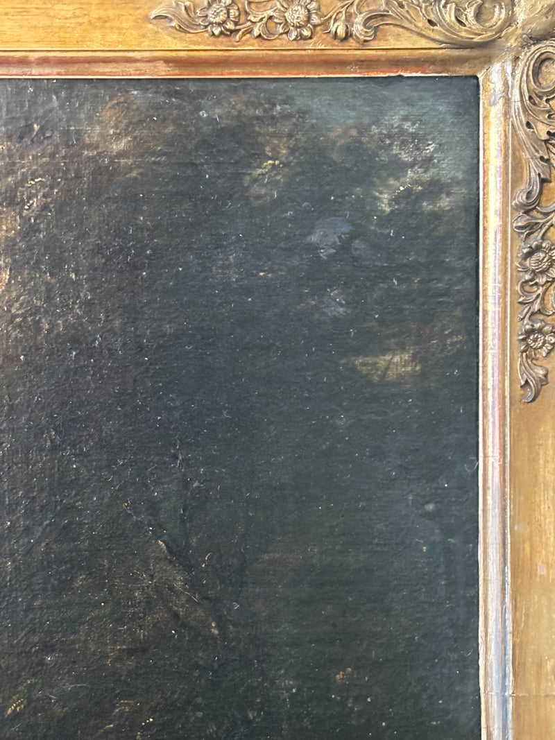 Dipinto Fiammingo Olio su Tela di Paesaggio con Figure del XVIII Secolo