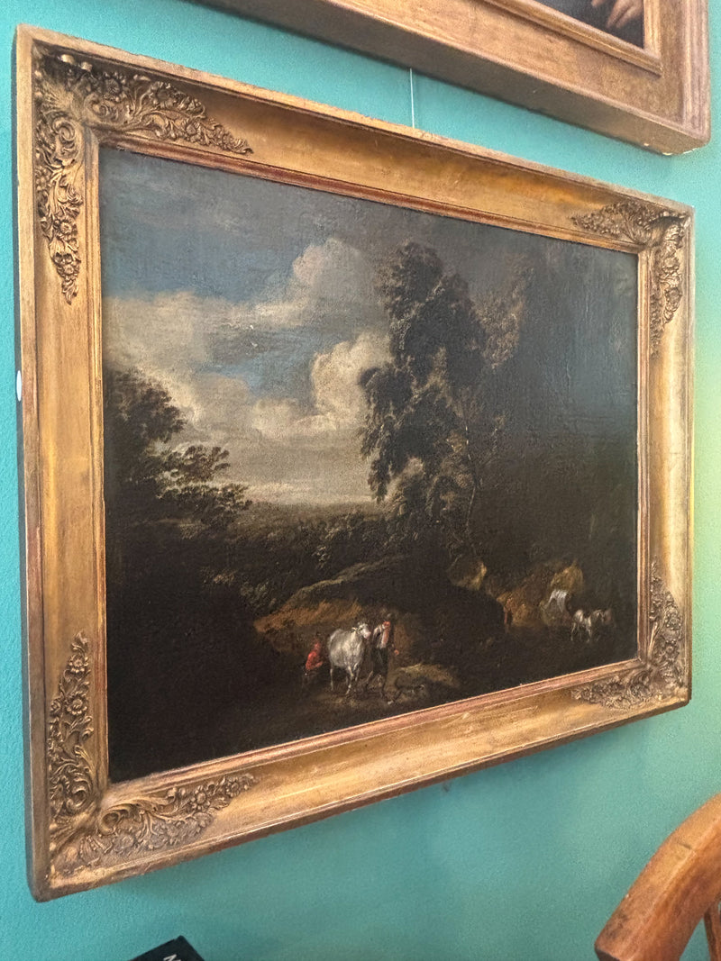 Dipinto Fiammingo Olio su Tela di Paesaggio con Figure del XVIII Secolo