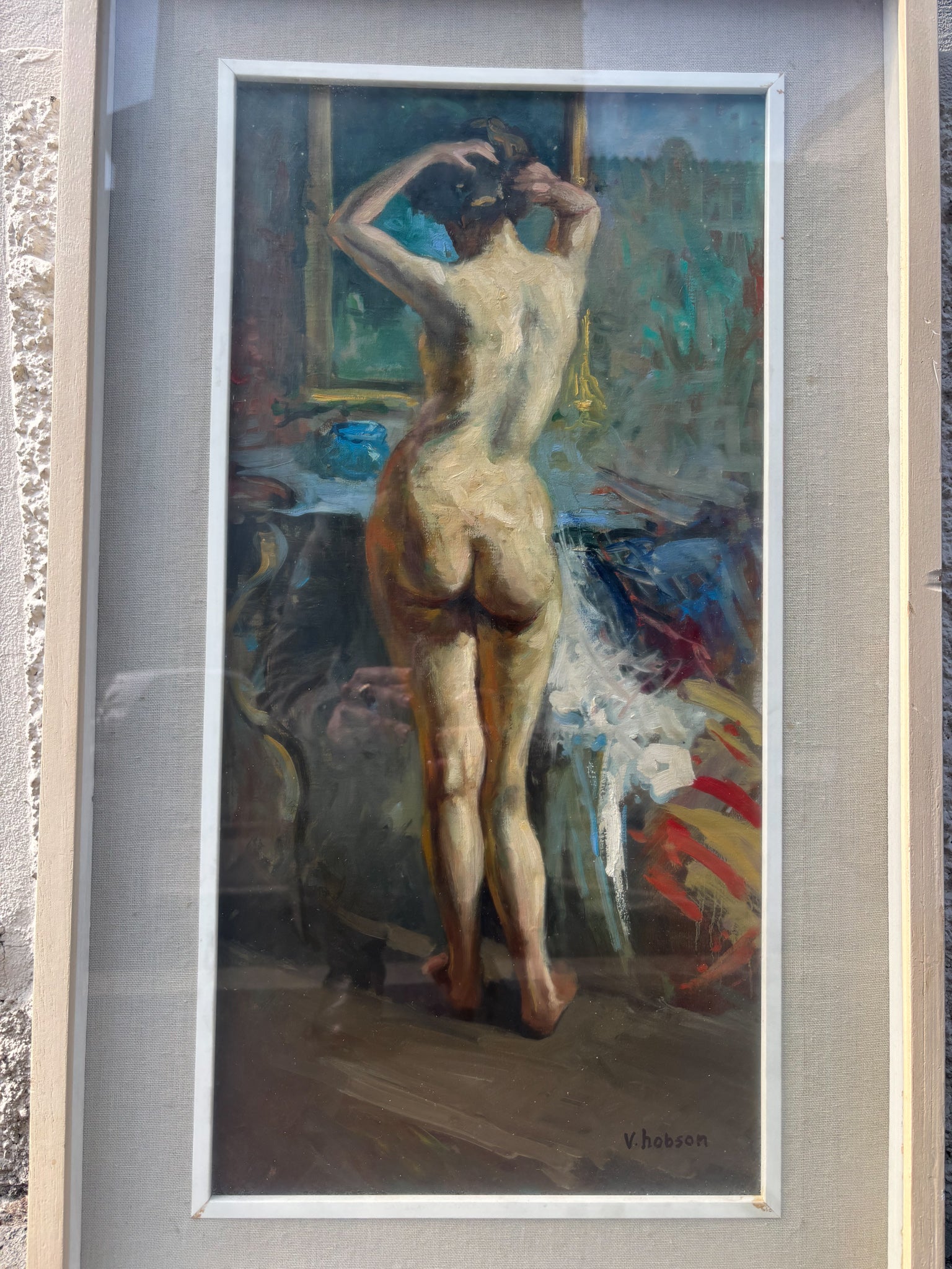Oil Painting on Canvas of Female Nude by V. Hobson 20th Century