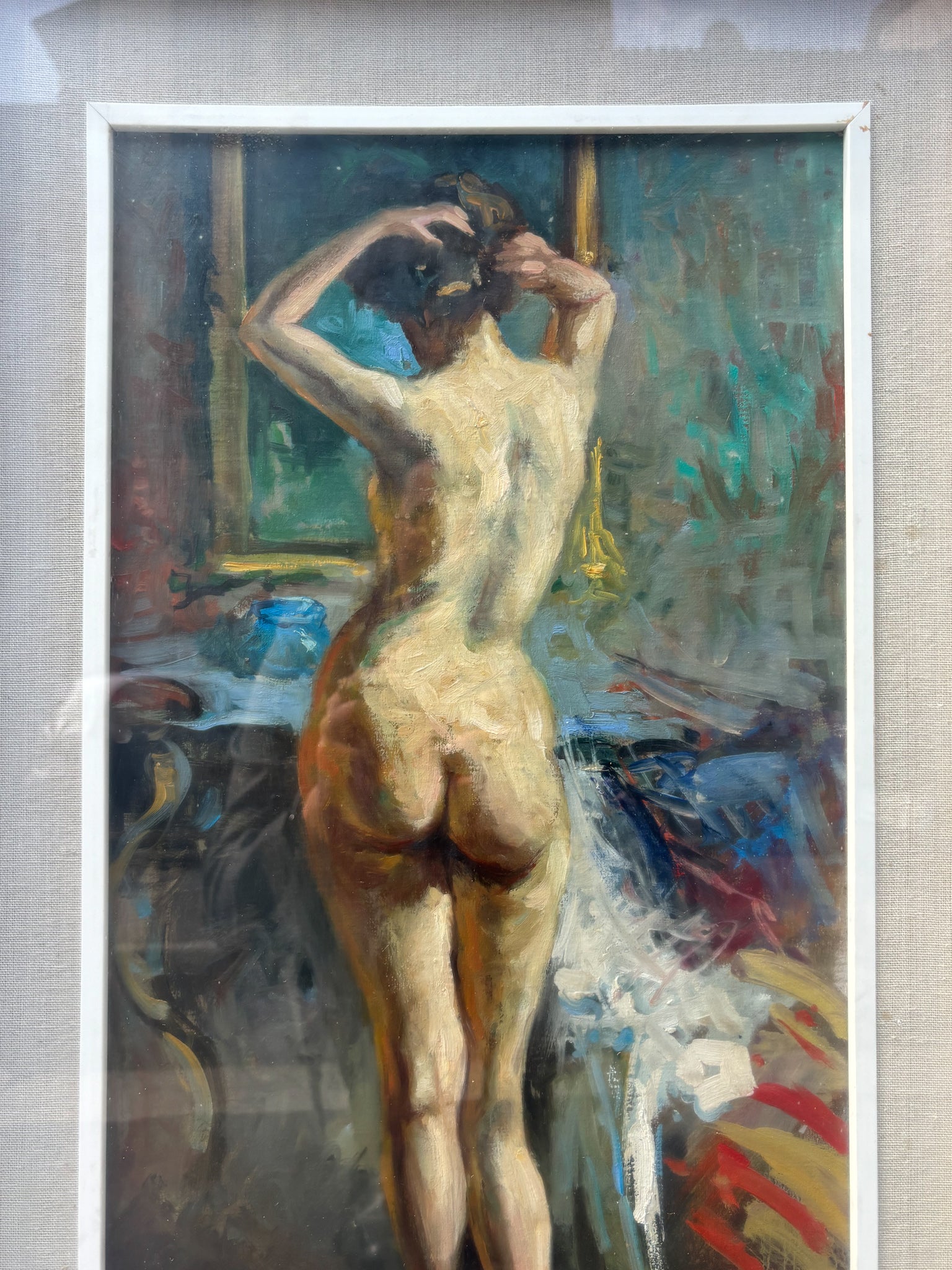 Oil Painting on Canvas of Female Nude by V. Hobson 20th Century