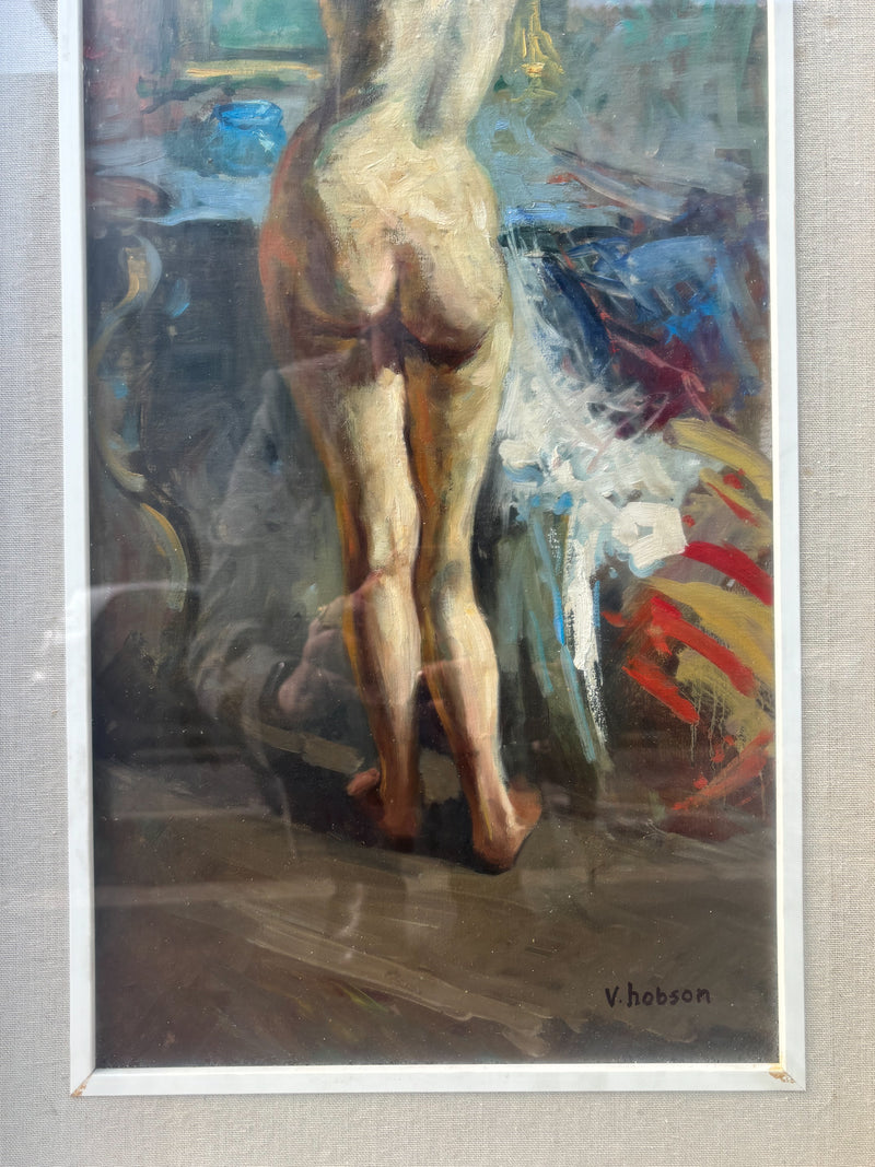 Dipinto Olio su Tela di Nudo Femminile di V. Hobson XX Secolo