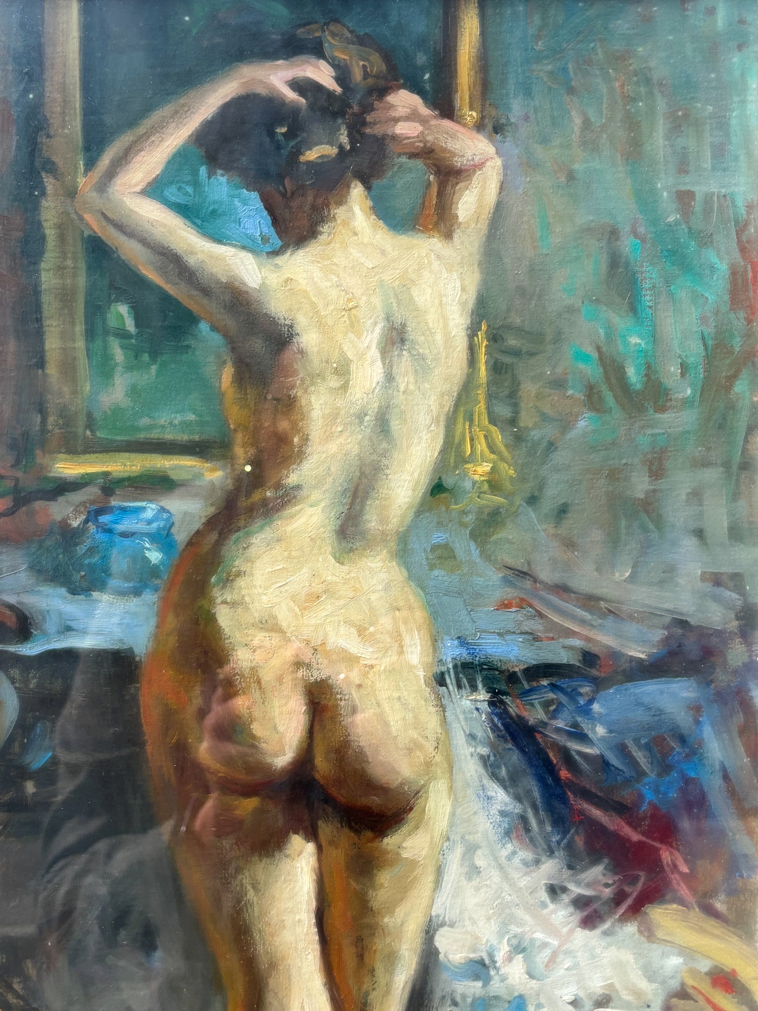 Oil Painting on Canvas of Female Nude by V. Hobson 20th Century
