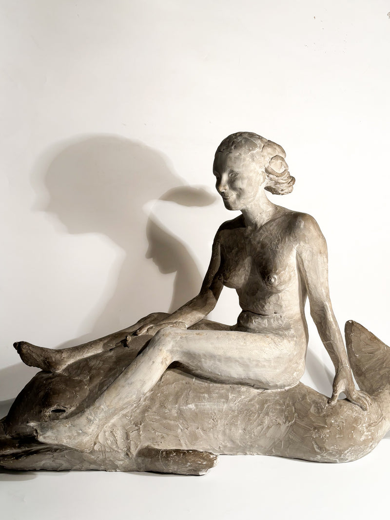 Art Nouveau Plaster Sculpture of a Female Nude on a Whale from the Early Twentieth Century