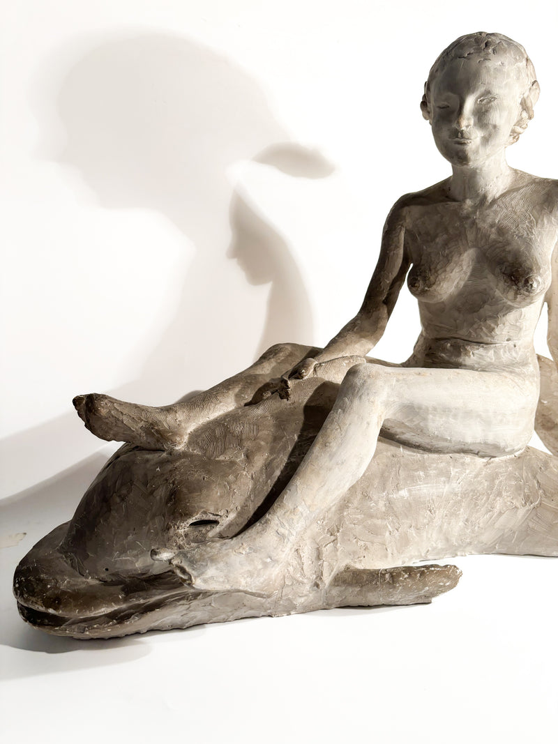 Art Nouveau Plaster Sculpture of a Female Nude on a Whale from the Early Twentieth Century