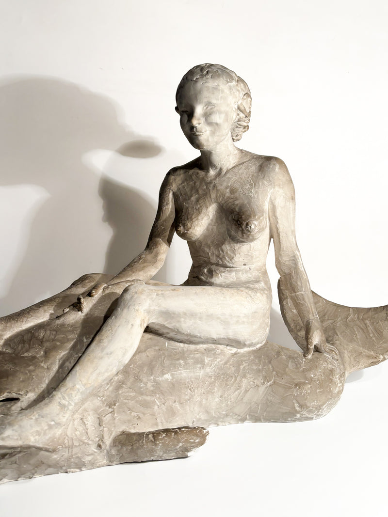 Art Nouveau Plaster Sculpture of a Female Nude on a Whale from the Early Twentieth Century