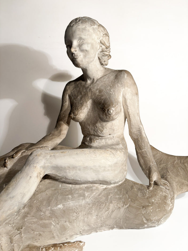 Art Nouveau Plaster Sculpture of a Female Nude on a Whale from the Early Twentieth Century