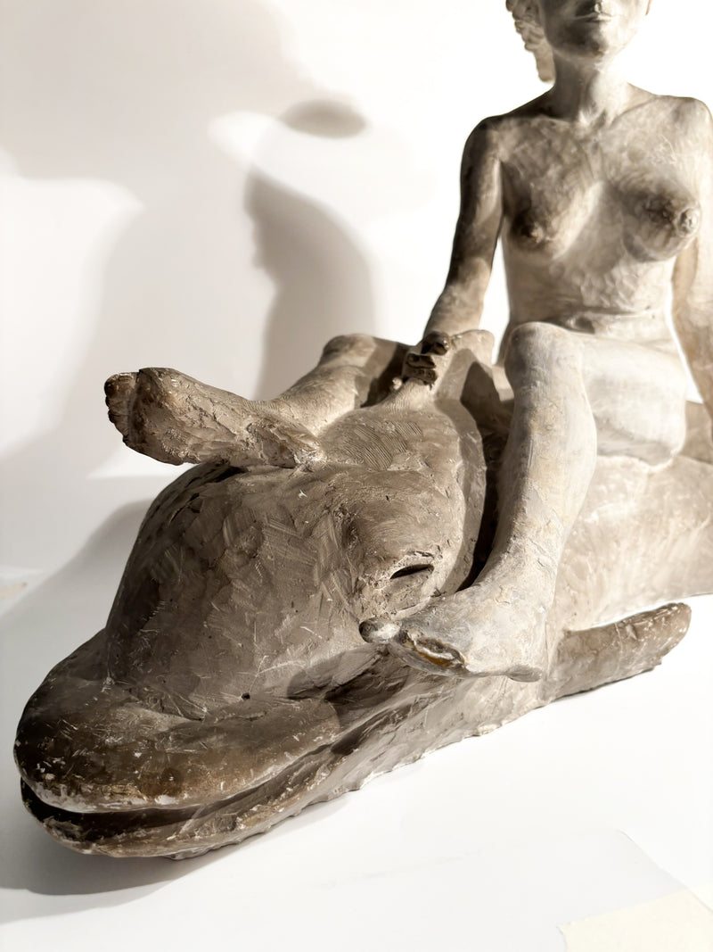 Art Nouveau Plaster Sculpture of a Female Nude on a Whale from the Early Twentieth Century