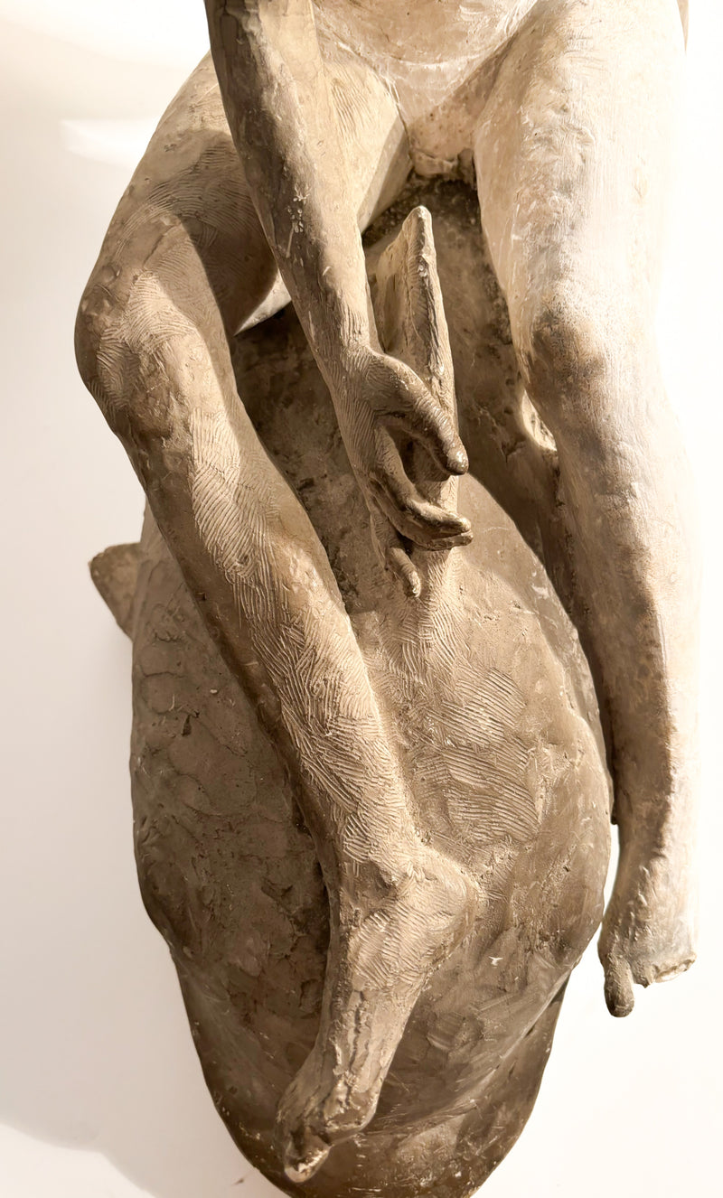 Art Nouveau Plaster Sculpture of a Female Nude on a Whale from the Early Twentieth Century