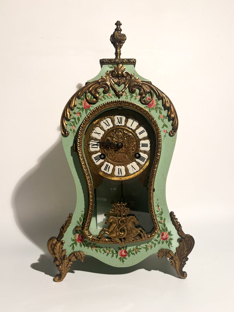 Green Wood and Brass Pendulum Clock FHS 151-080 Germany 1950s