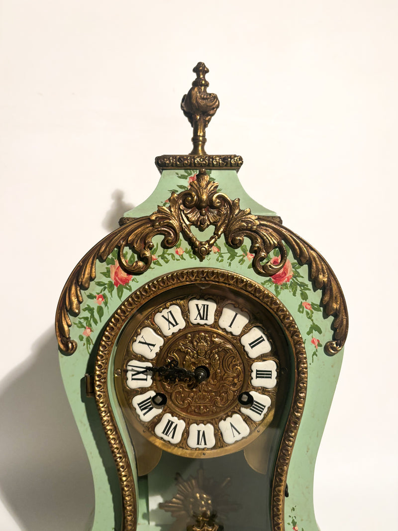 Green Wood and Brass Pendulum Clock FHS 151-080 Germany 1950s