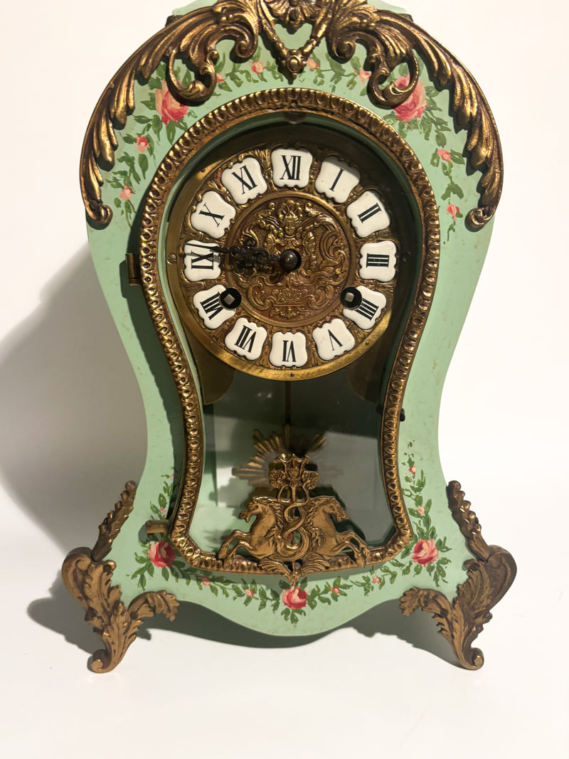 Green Wood and Brass Pendulum Clock FHS 151-080 Germany 1950s