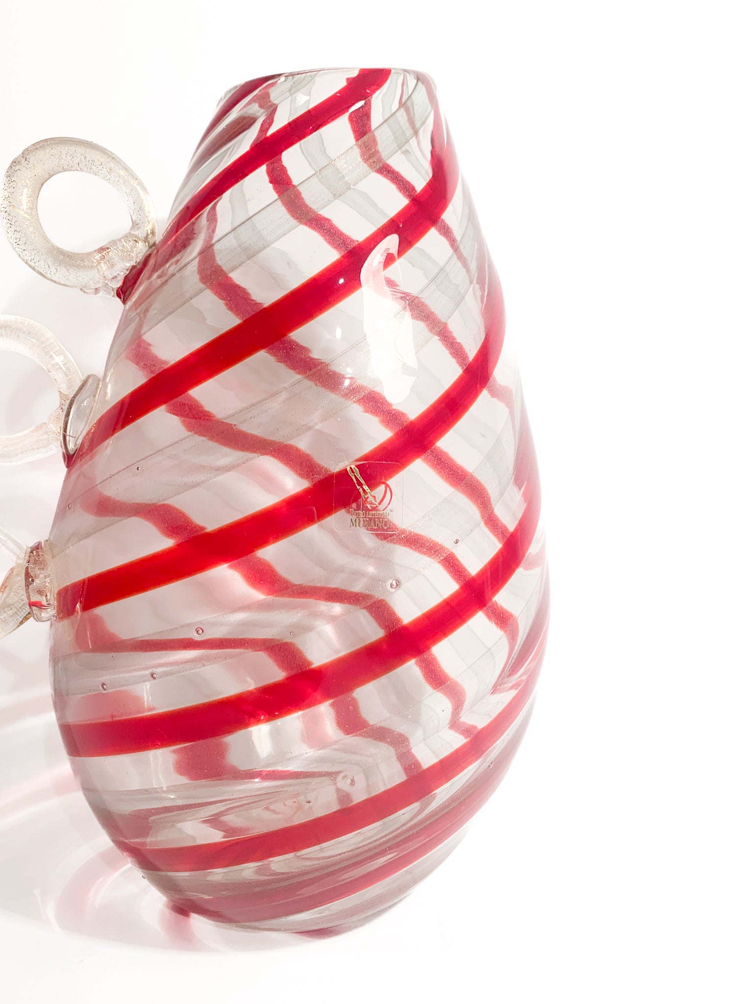 Transparent and Red Murano Glass Vase with 1980s Gold Leaf Handles