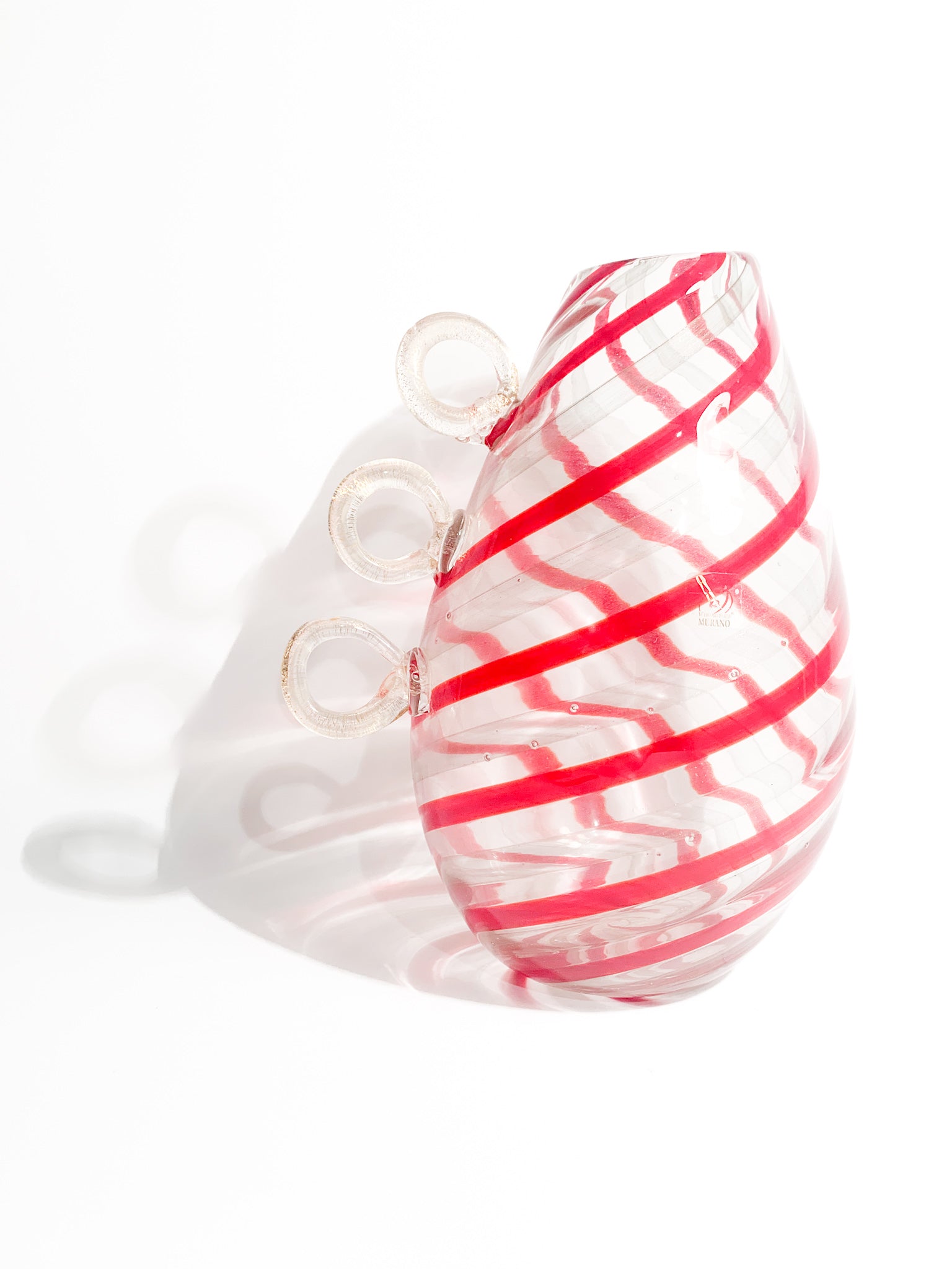 Transparent and Red Murano Glass Vase with 1980s Gold Leaf Handles