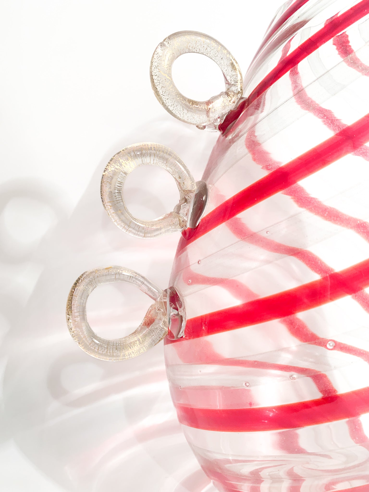 Transparent and Red Murano Glass Vase with 1980s Gold Leaf Handles