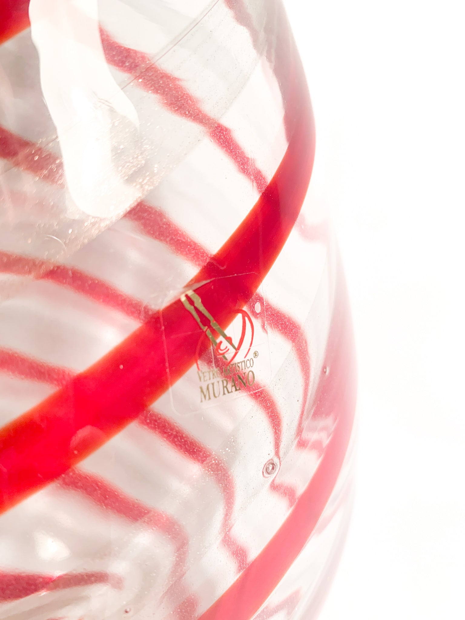 Transparent and Red Murano Glass Vase with 1980s Gold Leaf Handles