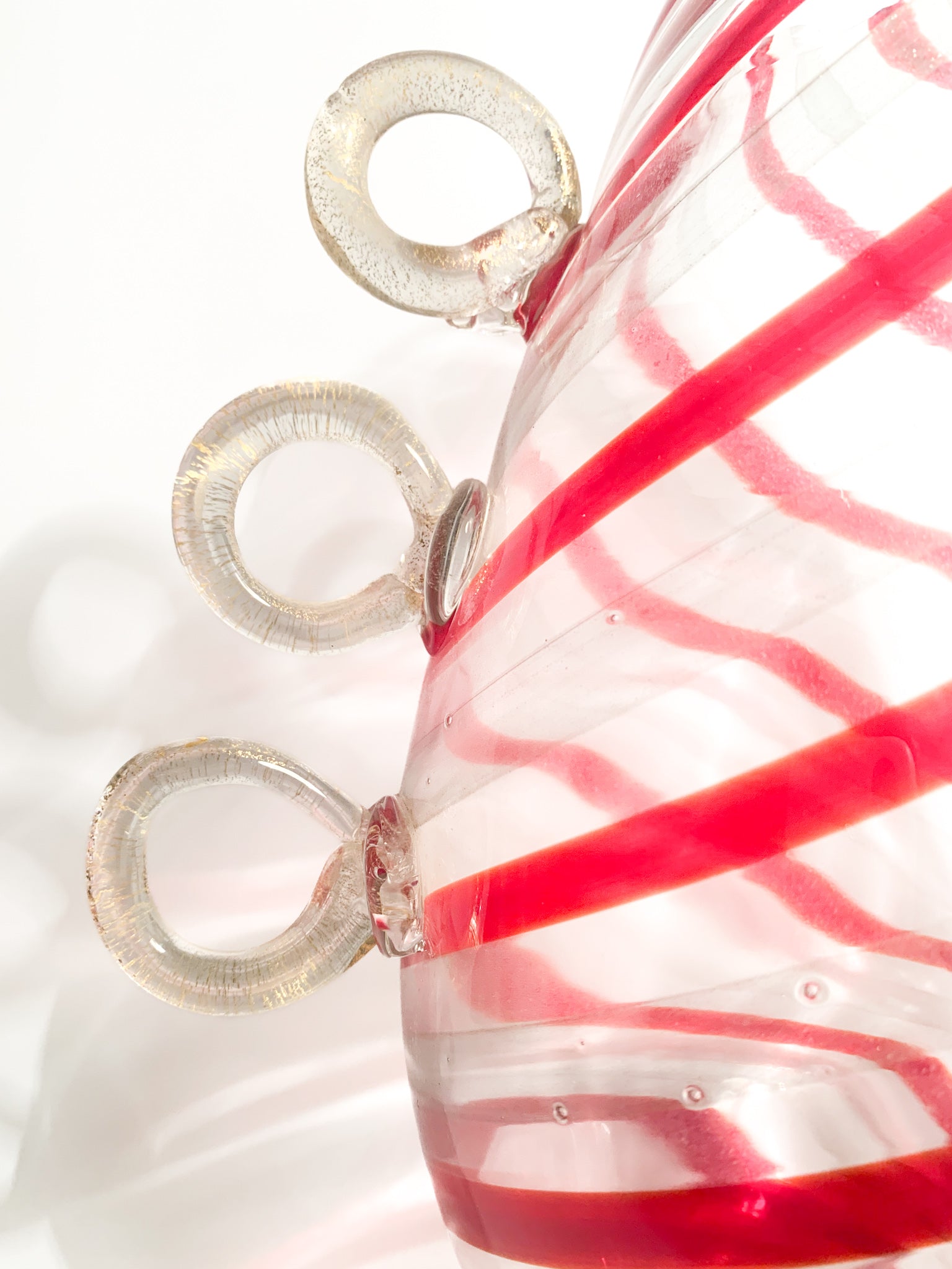 Transparent and Red Murano Glass Vase with 1980s Gold Leaf Handles
