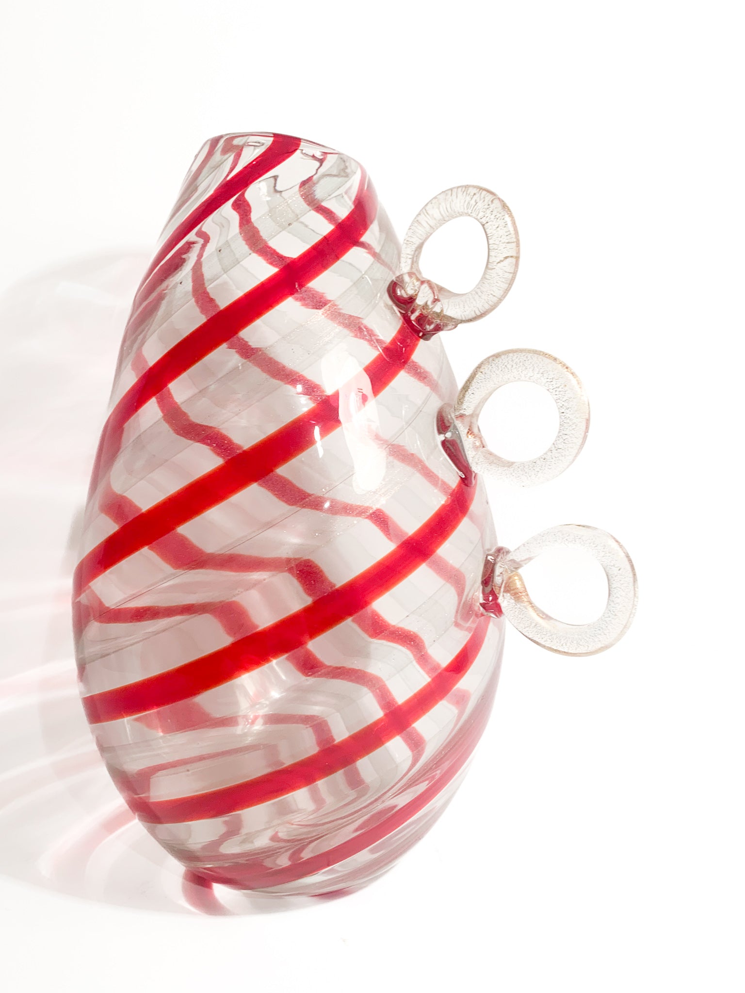 Transparent and Red Murano Glass Vase with 1980s Gold Leaf Handles