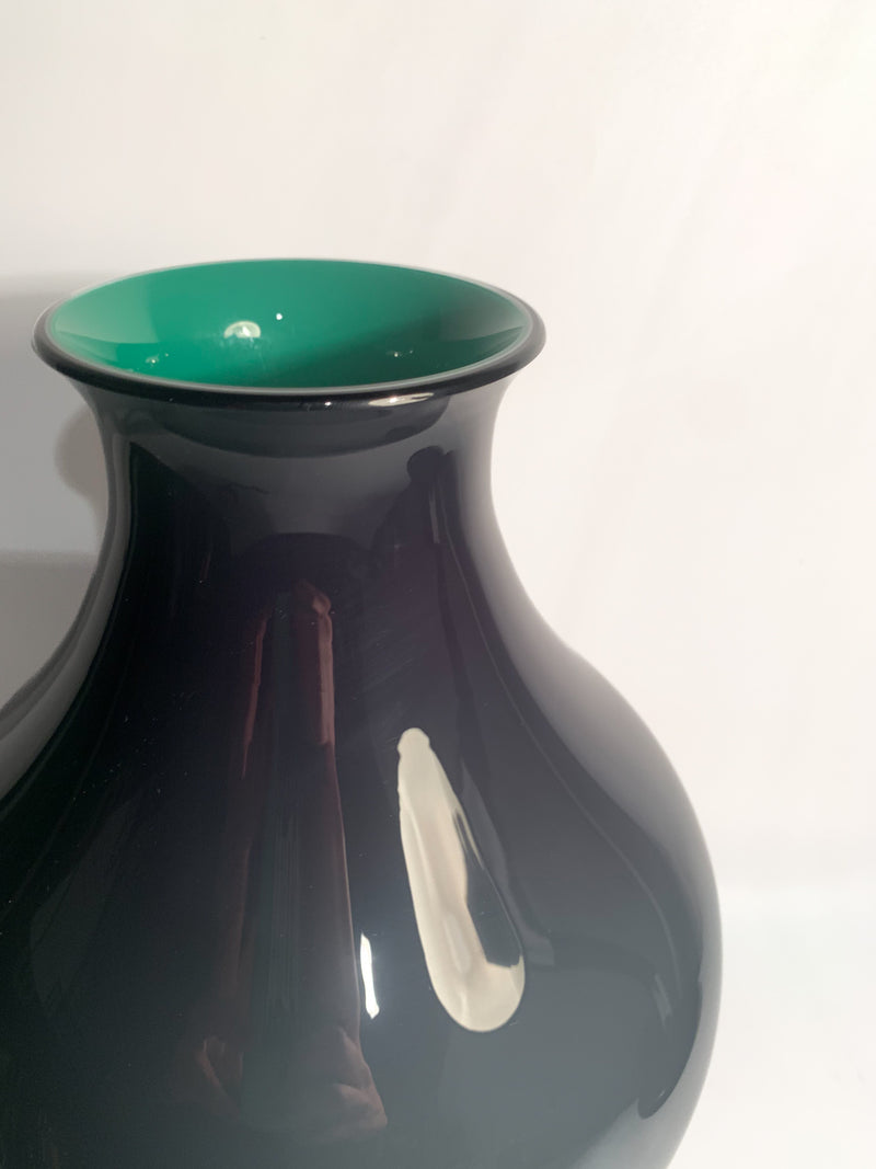 Vaso Opalino in Vetro di Murano Viola e Verde Soffiato a Mano Anni 80