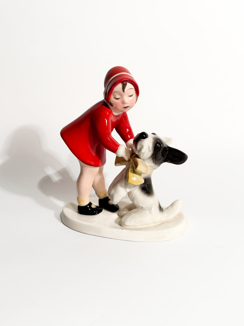 Statuina in Ceramica di Goldscheider Bambina con Terrier Claire Weiss Anni 30