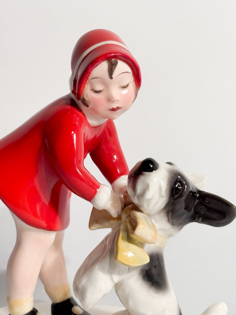 Statuina in Ceramica di Goldscheider Bambina con Terrier Claire Weiss Anni 30