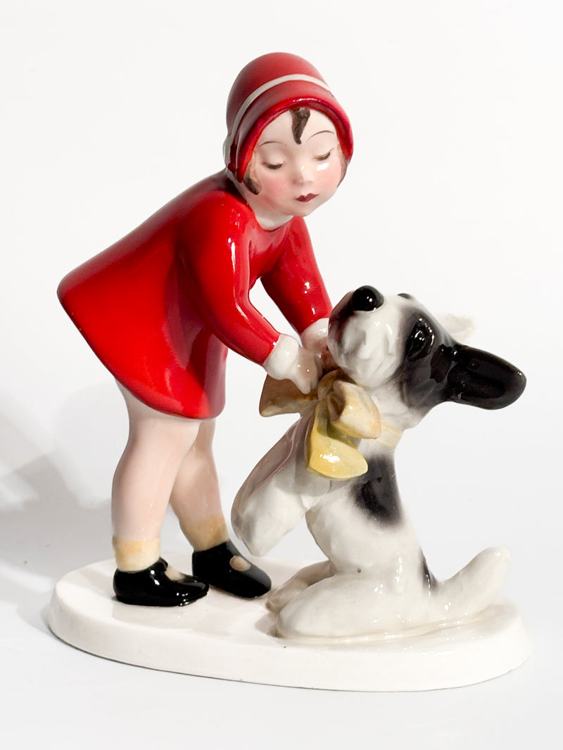 Statuina in Ceramica di Goldscheider Bambina con Terrier Claire Weiss Anni 30