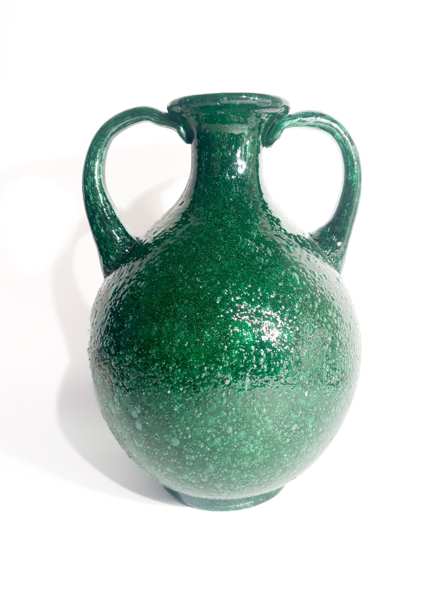 Vaso in Vetro di Murano Verde con Lavorazione Pulegosa Anni 70