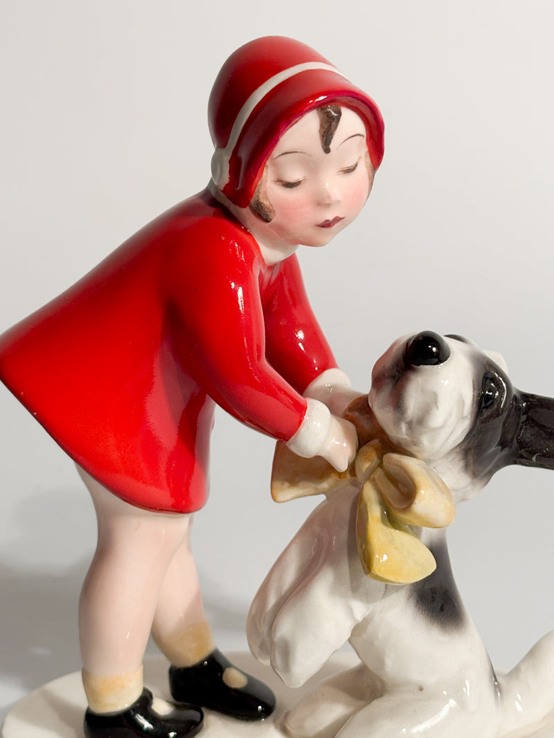 Statuina in Ceramica di Goldscheider Bambina con Terrier Claire Weiss Anni 30