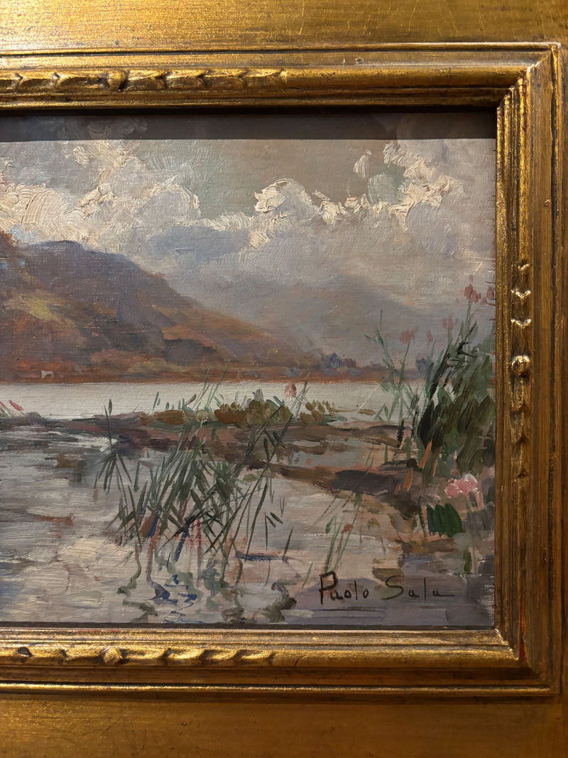 Oil on Panel Painting of a Lake Landscape by Paolo Sala from the Early Twentieth Century