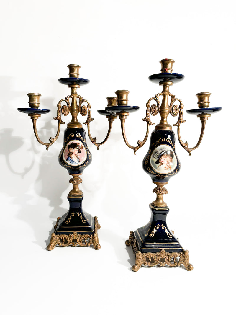 Pair of Hand-painted Porcelain and Bronze Candle Holders from the 19th Century