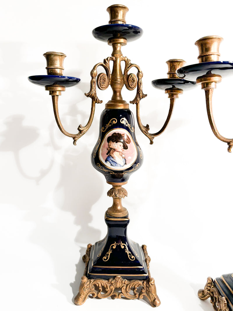 Pair of Hand-painted Porcelain and Bronze Candle Holders from the 19th Century