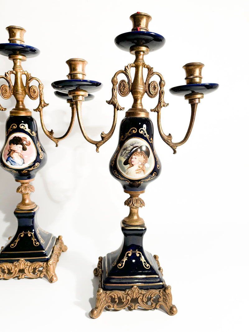 Pair of Hand-painted Porcelain and Bronze Candle Holders from the 19th Century