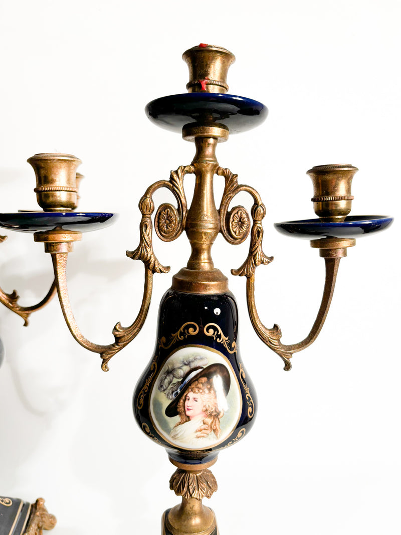 Pair of Hand-painted Porcelain and Bronze Candle Holders from the 19th Century