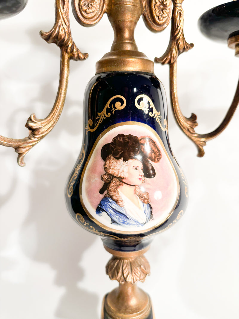 Pair of Hand-painted Porcelain and Bronze Candle Holders from the 19th Century