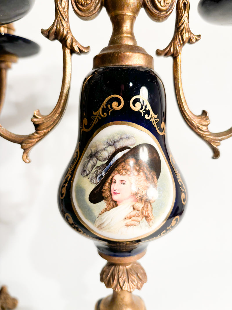 Pair of Hand-painted Porcelain and Bronze Candle Holders from the 19th Century