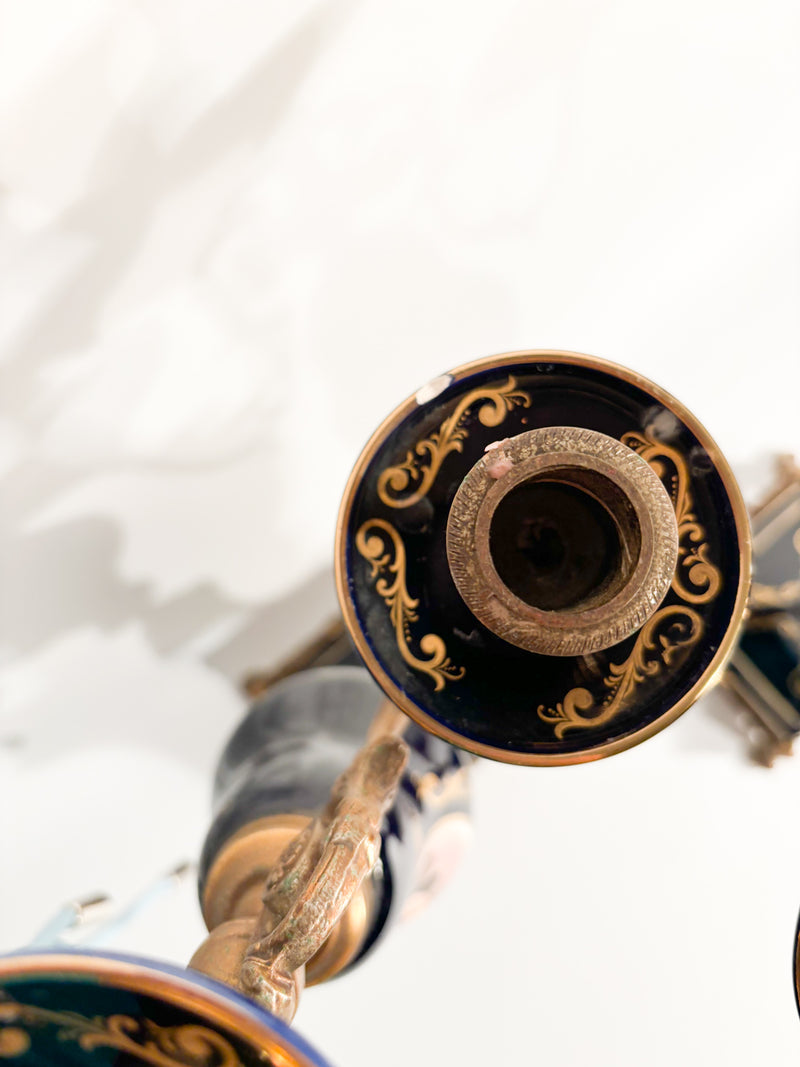 Pair of Hand-painted Porcelain and Bronze Candle Holders from the 19th Century