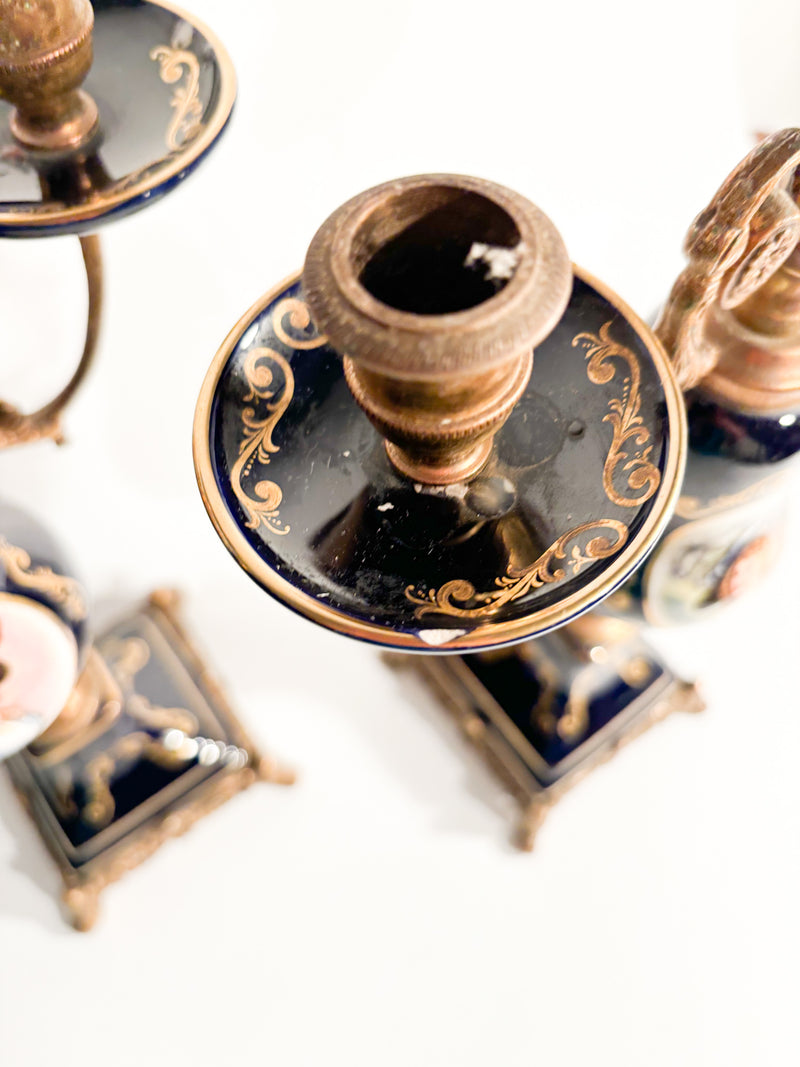 Pair of Hand-painted Porcelain and Bronze Candle Holders from the 19th Century