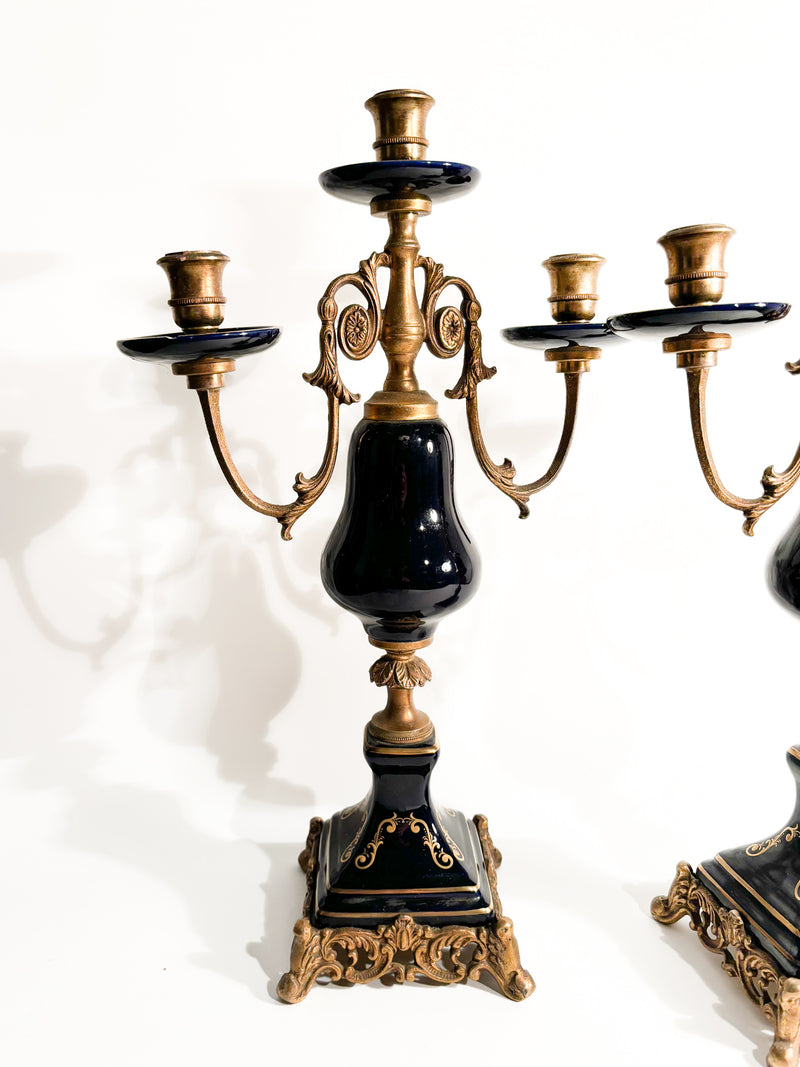 Pair of Hand-painted Porcelain and Bronze Candle Holders from the 19th Century