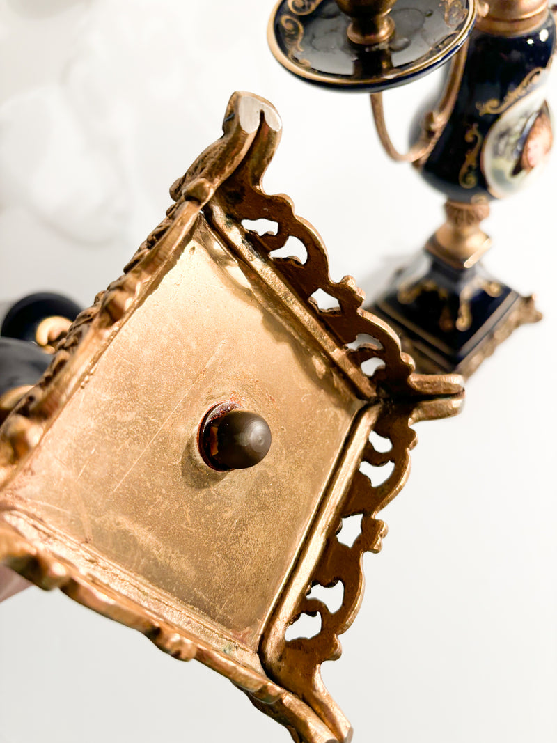 Pair of Hand-painted Porcelain and Bronze Candle Holders from the 19th Century