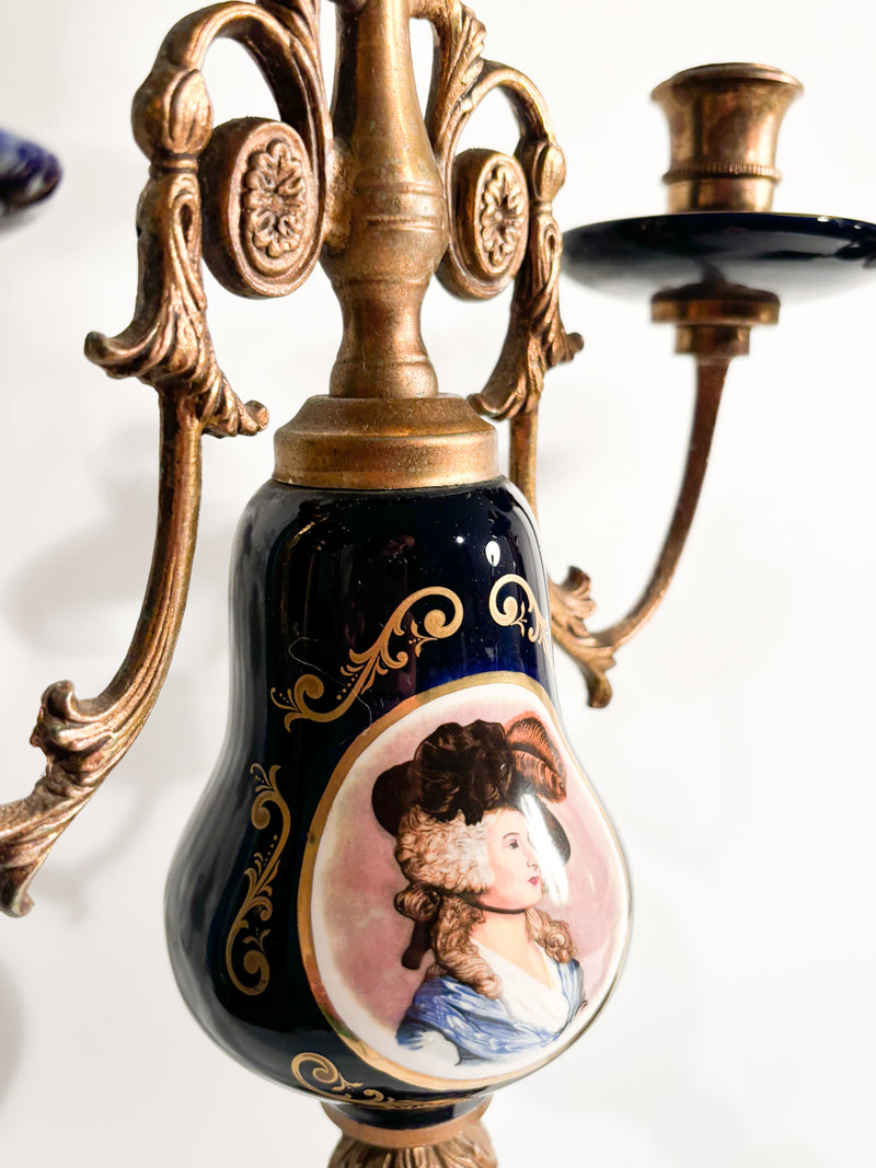 Pair of Hand-painted Porcelain and Bronze Candle Holders from the 19th Century