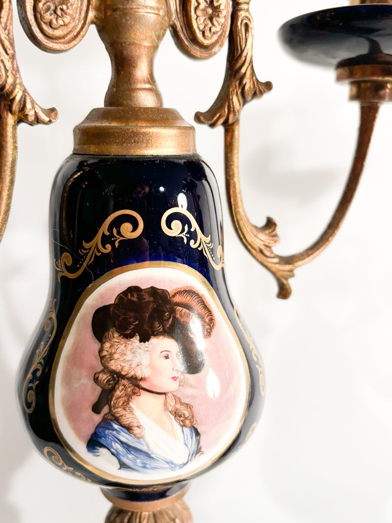 Pair of Hand-painted Porcelain and Bronze Candle Holders from the 19th Century