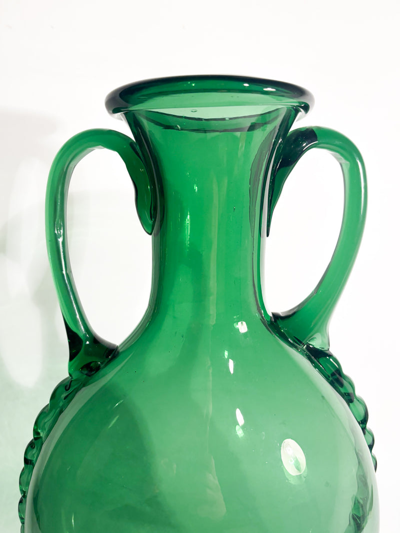 Vaso Ansato in Vetro di Murano Verde Soffiato a Mano Anni 50