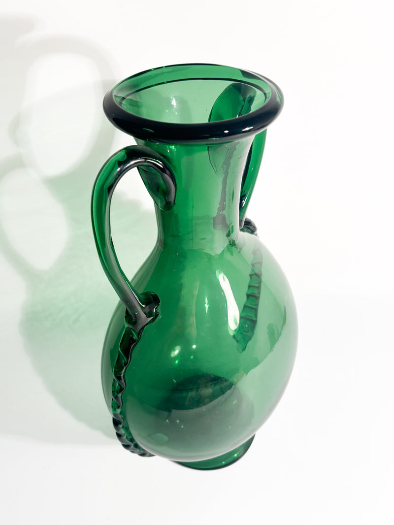 Vaso Ansato in Vetro di Murano Verde Soffiato a Mano Anni 50